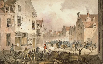 Kämpfe und Barrikaden in der Rue de Flandre, Brüssel, 23. September 1830, graviert von Dewasme-Pletinckx